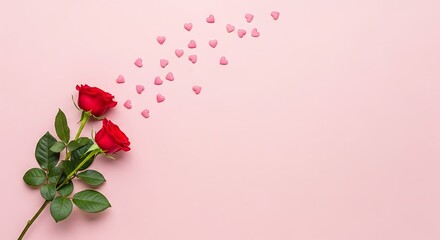 Red Roses and Falling Hearts on Pink Background.