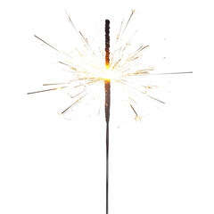 Single festive sparkler with glowing center and golden flares, isolated on transparent cutout background