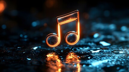 A glowing music note is reflected on a dark, wet surface, creating a moody and atmospheric scene filled with vibrant colors and a sense of digital harmony.