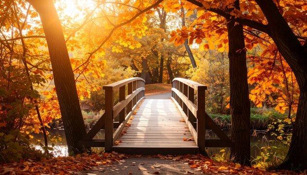 Peque&ntilde;o puente de madera rodeado de &aacute;rboles con hojas naranjas, luz de tarde