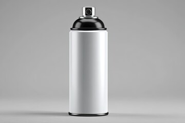 White spray paint can with black nozzle on a gray background