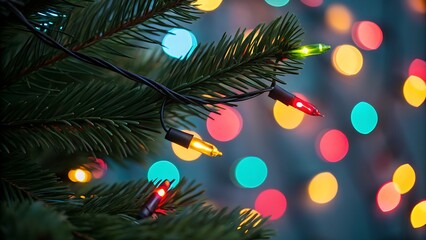 Close up of a christmas tree branch with colorful blurred bokeh lights in the background
