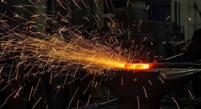 Dynamic blacksmith forging metal with sparks flying, showcasing craftsmanship and industrial processes in a workshop setting, ideal for commercial projects - Powered by Adobe