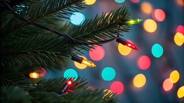 Close up of a christmas tree branch with colorful blurred bokeh lights in the background