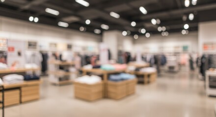 Blurred retail store interior background with shelves, displays, and lighting.