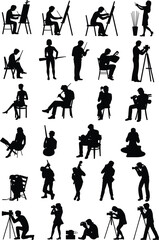 Creative hobbies silhouettes, painting, music, photography, reading, writing, telescope viewing, artistic activities, leisure, observation, inspiration, lifestyle, flat vector illustration