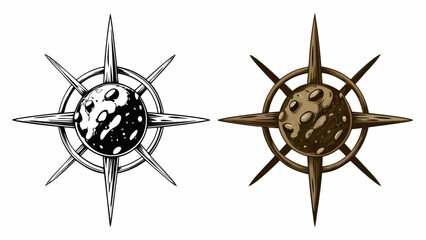 Obraz premium Two stylized renderings of a spiked planetary object with a circular ring around it side by side silhouette