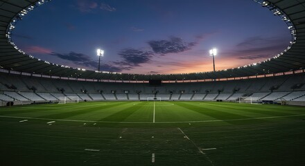 Illuminated soccer stadium at dusk with vibrant sunset sky, perfect for sports marketing and event promotions, stunning architectural design