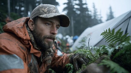 Obraz premium Hiker's jungle adventure setting up camp in a rainforest clearing for a thrilling holiday walk