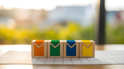 Wooden blocks with colored envelopes icon outdoors
