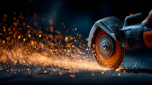 Angle grinder sparks metal cutting tool construction industrial workshop glowing energy. Sparks fly as angle grinder cuts metal creating dramatic