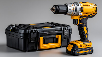 Black and yellow cordless drill kit with sturdy plastic case, ergonomic handle, and modern design for home improvement projects