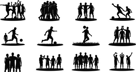 Soccer silhouette scenes, football players, teamwork, celebration, dribbling, passing, trophy, group huddle, match, sport, vector, black, white, action poses © Bappi Creatives