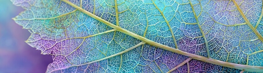 Detailed close-up of a leaf's intricate network of veins,  vibrantly colored in pastels