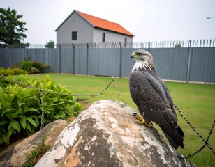 Bird perched on rock, building in background