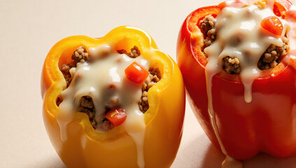 Stuffed bell pepper ground beef melted cheese tomato yellow pepper red pepper savory closeup delicious mexican food comfort meal. Savory stuffed bell peppers filled with ground beef topped with