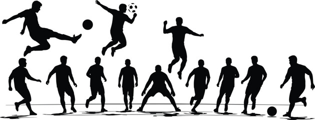 occer silhouette set, football players, kicking, dribbling, jumping, goalkeeping, running, ball control, sport, match, vector, black, white, action poses