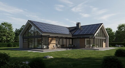 Refined eco-friendly residence with large solar plates installed, architectural masterpiece