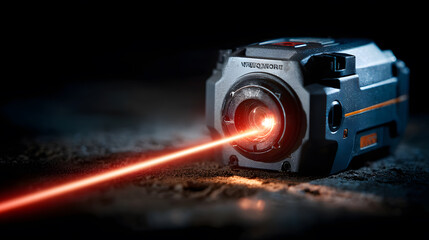 Construction laser level device emitting bright red line, black background, industrial tool, precision measurement, modern equipment