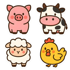 Sticker cartoon bold farm animals transparent PNG 2x2 set pig cow sheep chicken isolated cut out for kids education nursery farm theme branding