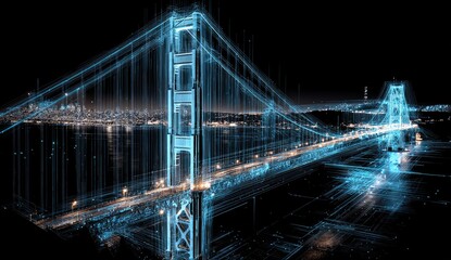 Digital blueprint of a bridge over a city at night.  Translucent, glowing lines depict the bridge's structure.  City lights illuminate the cityscape