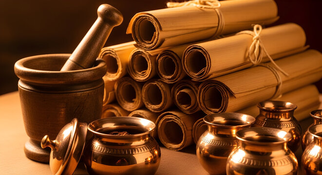 Ancient palm leaf manuscripts with brass ayurvedic vessels