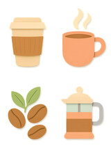 Paper-cut collage coffee shop icons transparent PNG 2x2 set to-go cup steaming mug coffee beans branch French press layered isolated cut out for cafe menu ecommerce branding