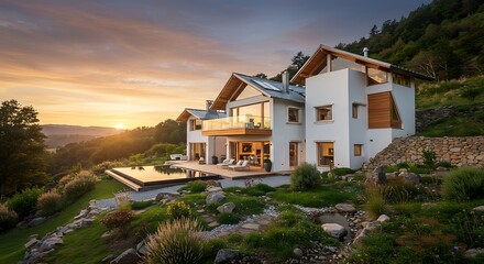 Unique eco-friendly residence with white minimalist walls, luxury property captured in soft natural light, refined and minim