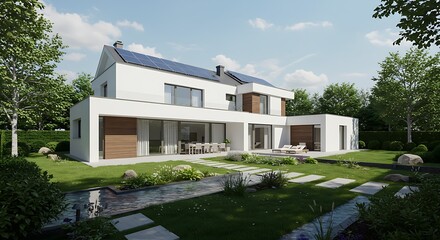 Unique eco-friendly residence with white minimalist walls, luxury property captured in soft natural light, refined and minim