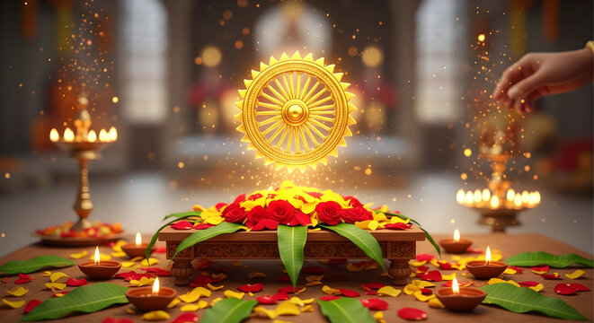 Golden Dharma Chakra symbol glowing during a hindu puja ceremony