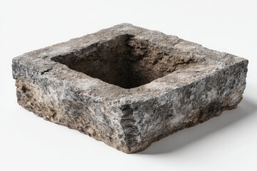Square stone planter, hollow interior.  Rough, textured exterior