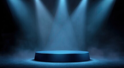 Empty dark stage with blue podium, spotlights