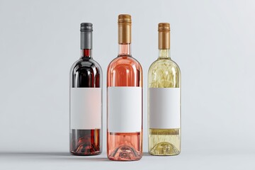 Three wine bottles, red, ros?, and white, with blank labels,  on a plain light gray background