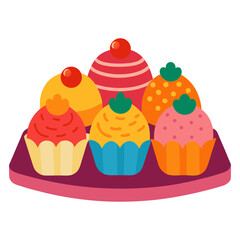 Vector art illustration of cakes of various designs arranged on a tray