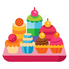 Vector art illustration of cakes of various designs arranged on a tray