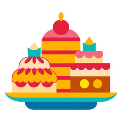 Vector art illustration of cakes of various designs arranged on a tray