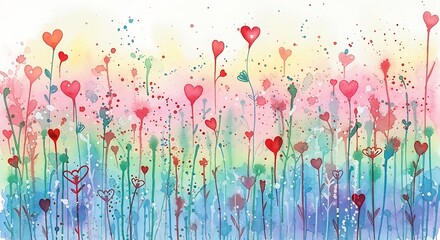 Heart Flowers Meadow Watercolor Painting.