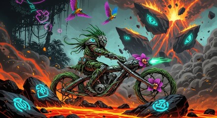 Jungle Cyborg Rider: Braving a Volcanic Eruption Graffiti Art.