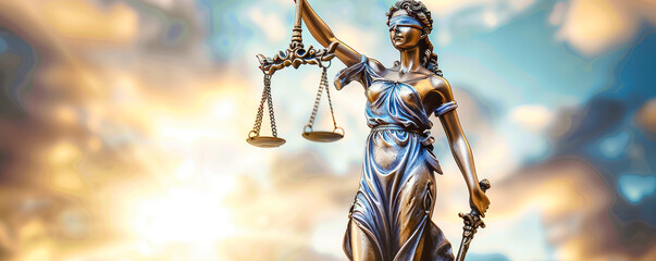 Bronze Lady Justice Statue Holding Scales in Hand, Symbolizing Law and Equality, Against a Dramatic Sky at Sunrise