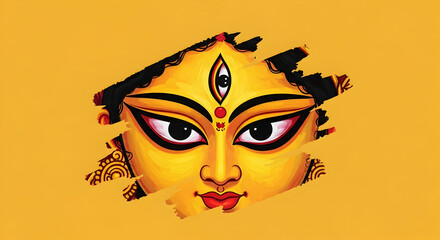 Artistic illustration of goddess Durga face on yellow background