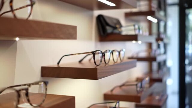Eyeglasses displayed on sleek, illuminated wooden shelves in an optical store, showcasing various frames and styles.  Depth of field emphasizes a few pairs in sharp focus