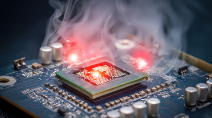 Macro shot of damaged CPU with glowing red hotspots and smoke, symbolizing urgent hardware failure and repair