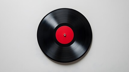 A pristine black vinyl record, complete with a striking red label, is showcased against a plain white background, evoking nostaia for classic o experiences.