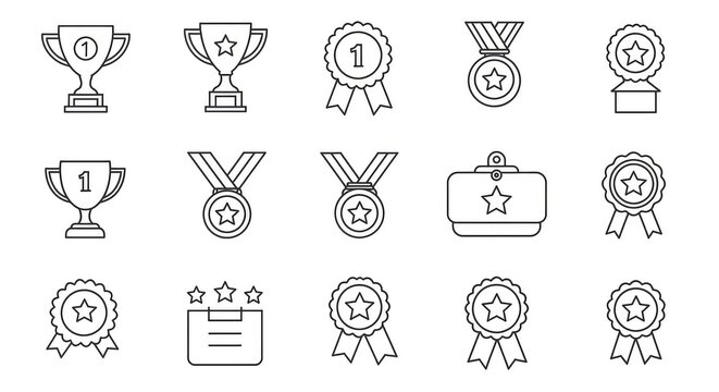 Award-winning achievement icons perfect for celebrating success, showcasing top performance, and recognizing excellence with trophies, medals, and ribbons
