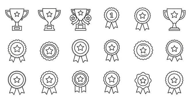 Elegant line art trophies and award ribbons perfect for recognizing achievement, celebrating success, and conveying excellence in any field