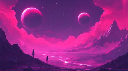 Fototapeta premium Vivid Pink Cosmic Landscape with Two Moons, Clouds, Mountains, and Figures