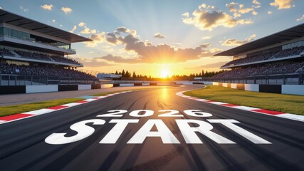Sunset over race track, capturing excitement of start of New Year 2026. Concept of celebration, joy, and possibilities of start of New Year 2026 in vibrant colors.