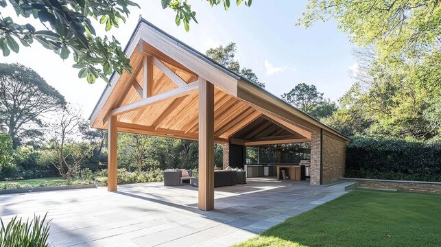 Contemporary outdoor construction featuring an exposed timber framework.