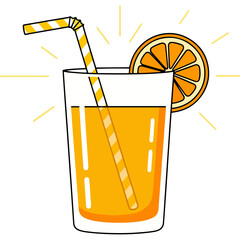 A refreshing glass of orange juice with a straw and a vibrant slice of orange, glistening with light, symbolizing healthy refreshment, natural drinks, and a summer mood in a bright and lively design.