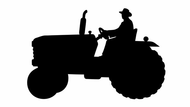 Silhouette of a farmer wearing a hat driving an old tractor in a field against a white background